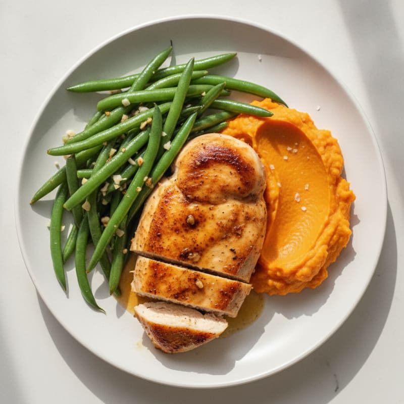 Seared Chicken Breast with Garlic Green Beans and Sweet Potato Mash