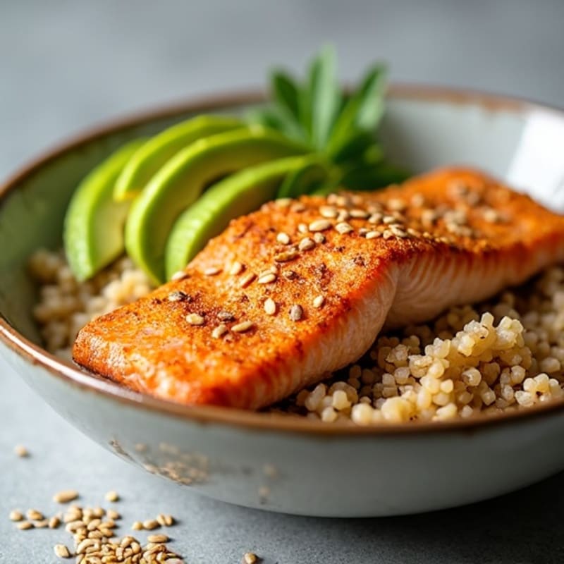 Crispy Salmon Rice Bowl with Fresh Avocado and Sesame