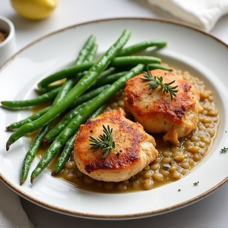 Seared Chicken Thighs with Steamed Green Beans and Lentil Mash