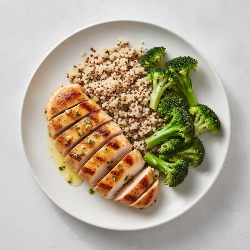 Grilled Lemon Garlic Chicken Breast with Quinoa and Steamed Broccoli