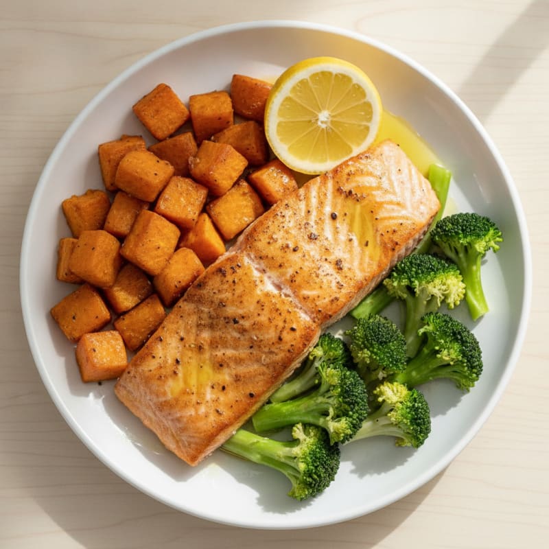 Pan-Seared Salmon with Roasted Sweet Potatoes and Steamed Broccoli