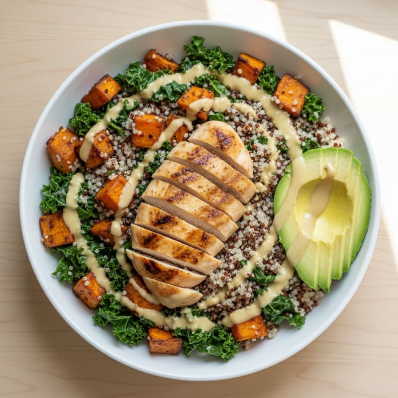 Grilled Chicken and Quinoa Power Bowl with Roasted Sweet Potatoes