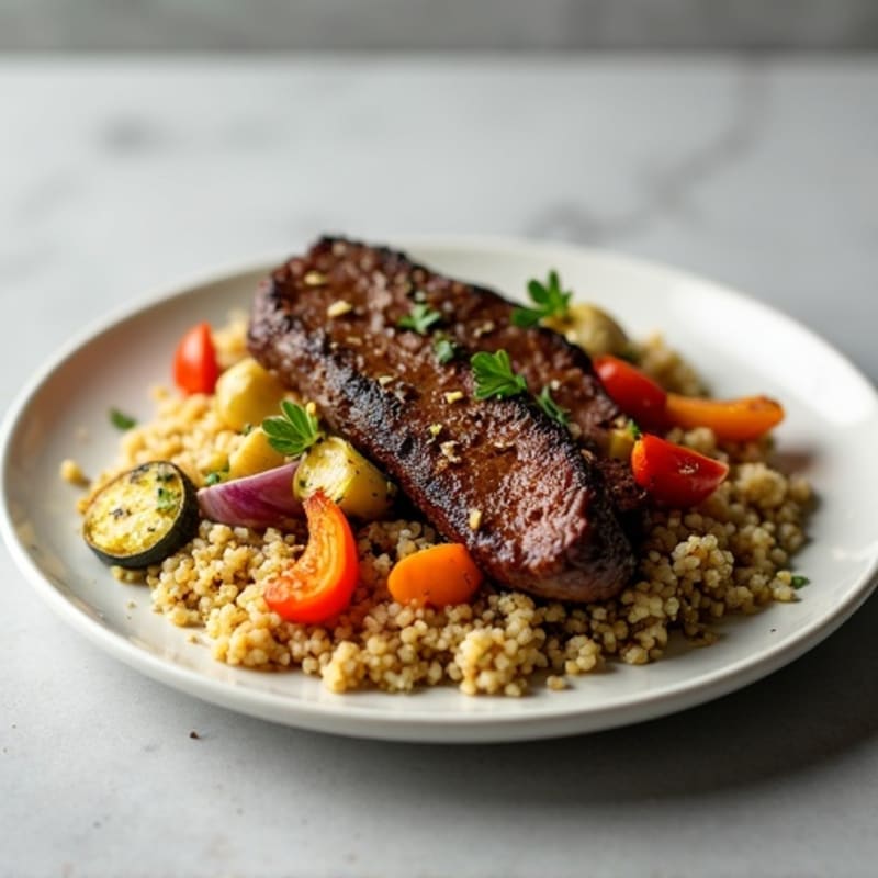 Seared Beef Strips with Roasted Vegetables and Herbed Quinoa