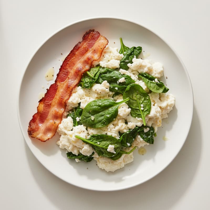 Egg White Spinach Scramble with Grilled Turkey Bacon