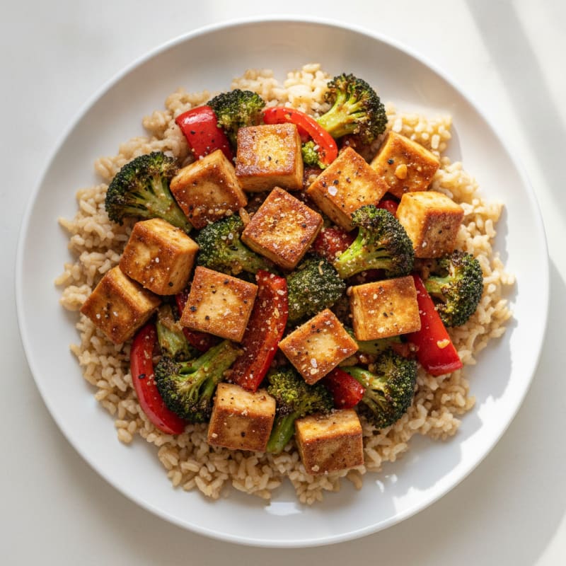 Garlic Tofu with Roasted Vegetables and Rice