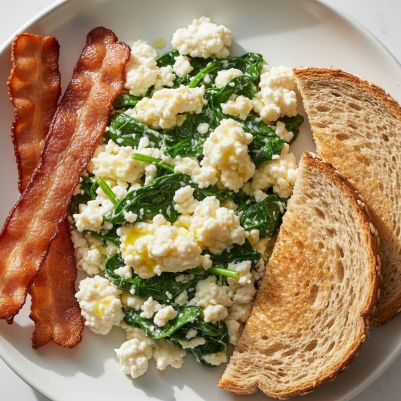 Cottage Cheese Scramble with Spinach and Turkey Bacon