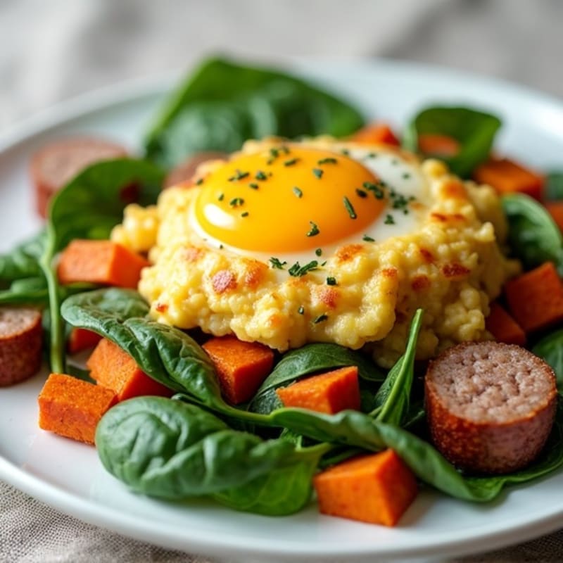 Egg White and Turkey Sausage Scramble with Spinach and Roasted Sweet Potatoes