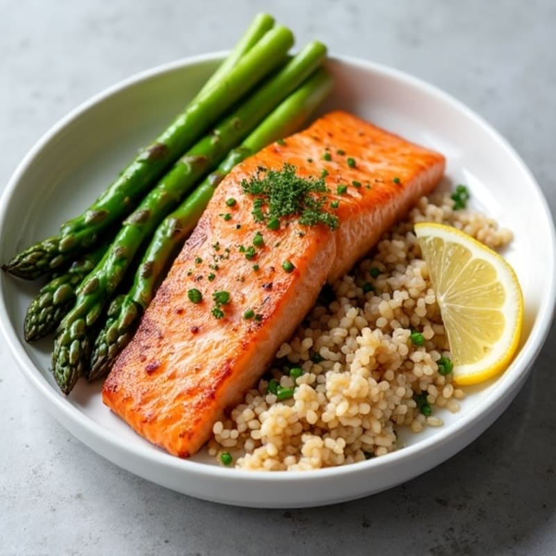 Seared Salmon Fillet with Steamed Asparagus and Brown Rice