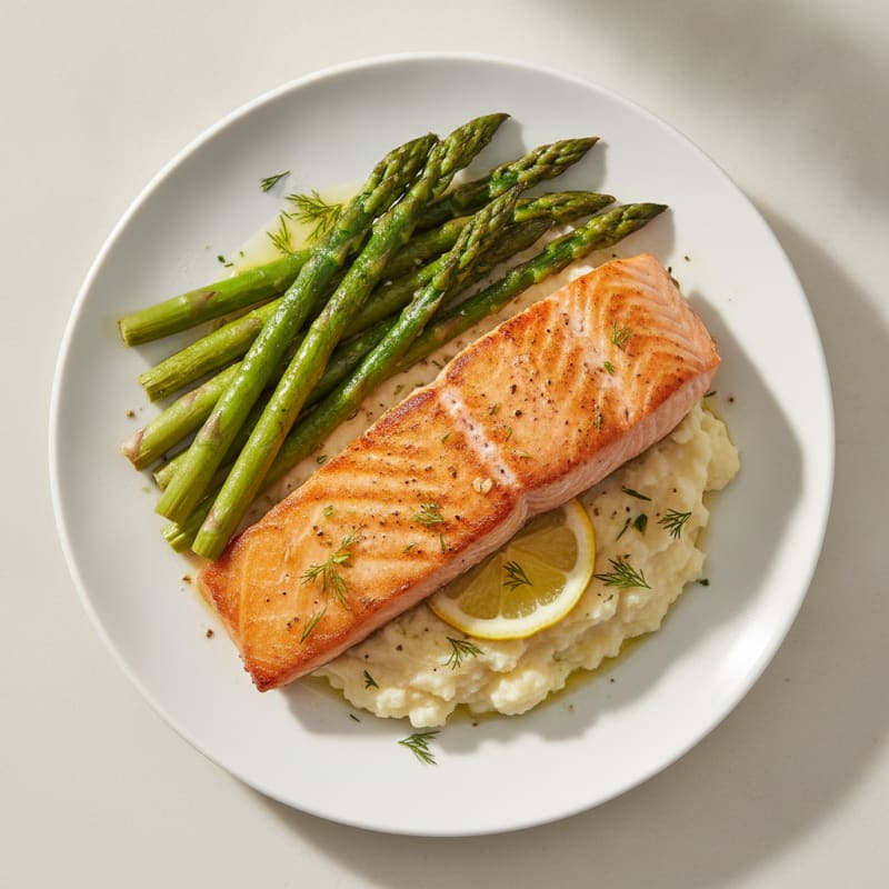 Seared Salmon Fillet with Roasted Asparagus and Cauliflower Mash