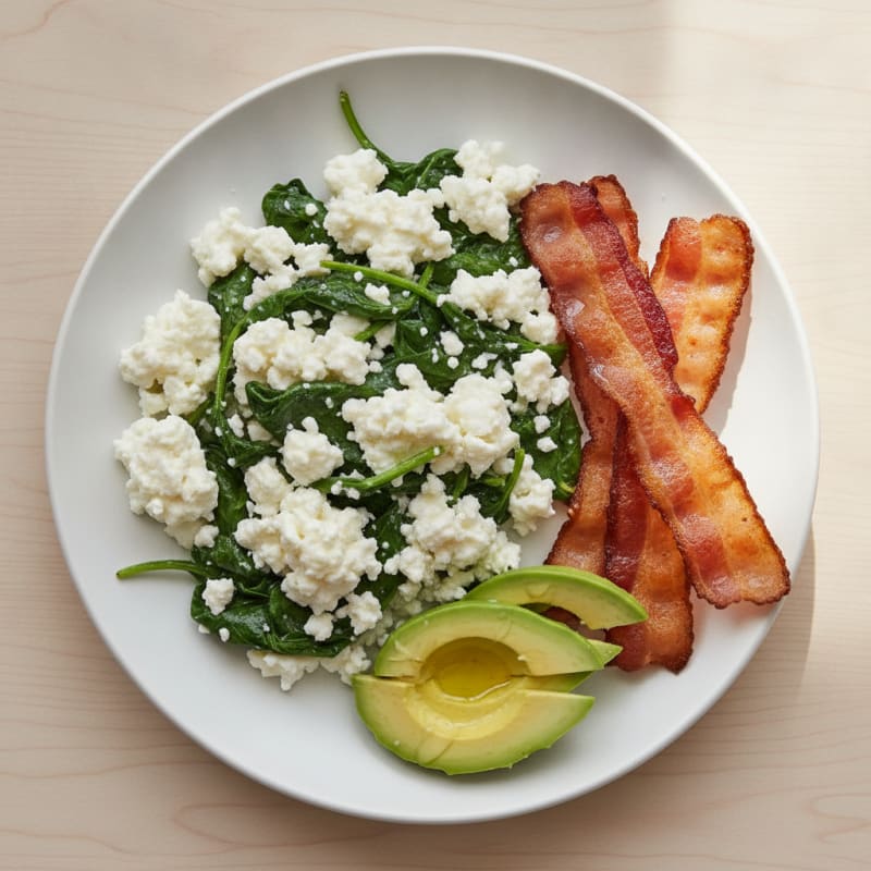 Egg White and Cottage Cheese Scramble with Spinach and Turkey Bacon