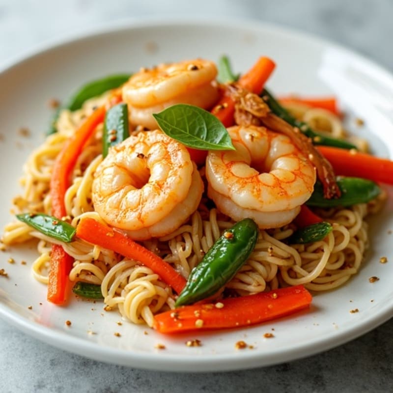 Shrimp and Rice Noodle Stir-Fry with Creamy Peanut Sauce and Fresh Vegetables