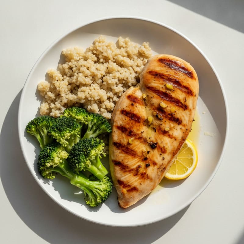 Grilled Chicken Breast with Steamed Broccoli and Quinoa