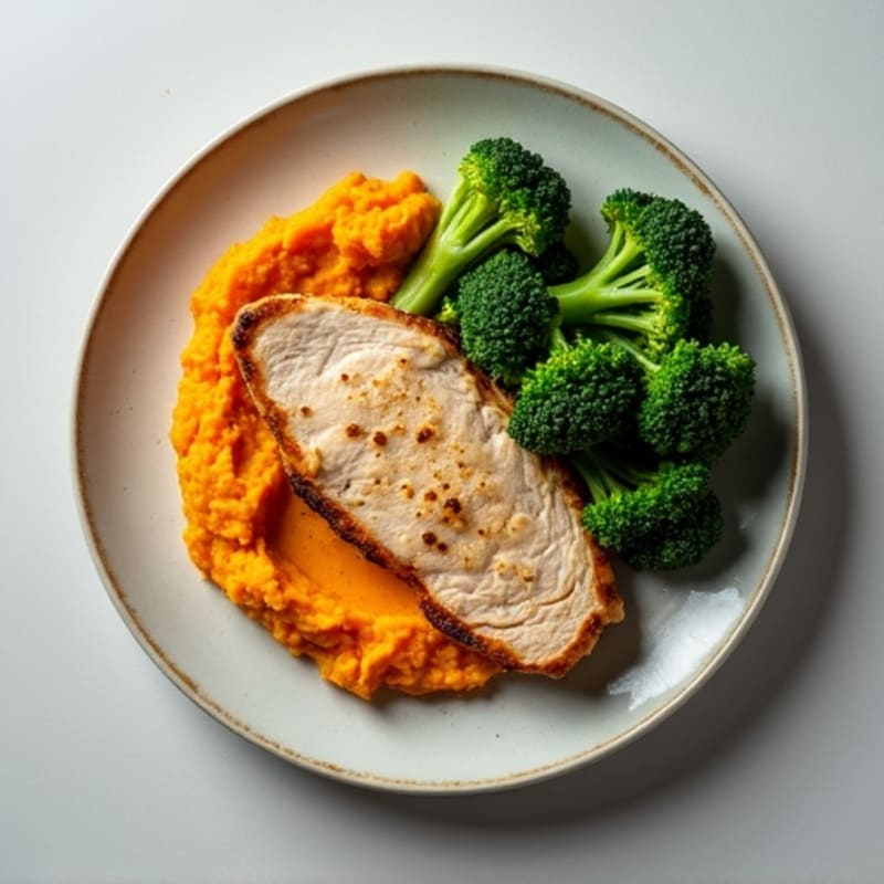 Seared Turkey Breast with Steamed Broccoli and Sweet Potato Mash