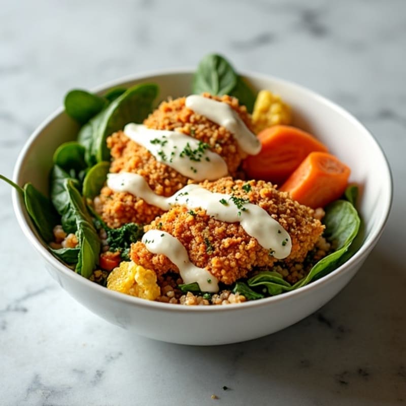 Crispy Buffalo Chicken Power Bowl with Creamy Ranch and Roasted Vegetables