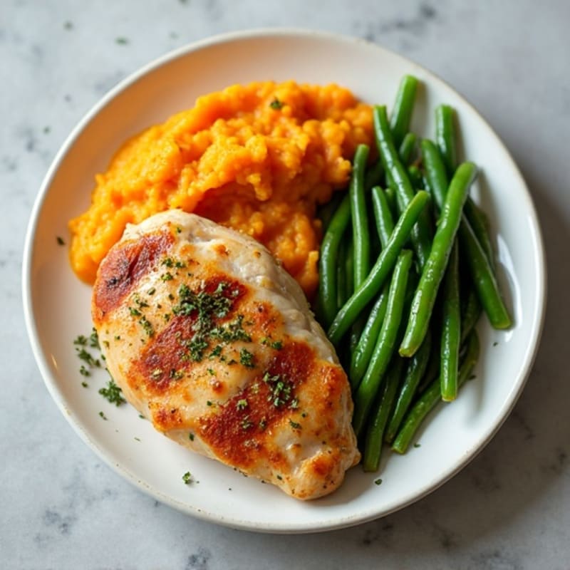 Oven-Baked Chicken Breast with Garlic Green Beans and Sweet Potato Mash