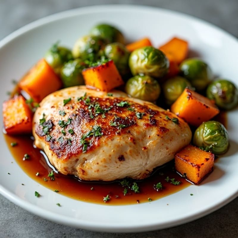 Herb-Roasted Chicken with Balsamic Glazed Brussels Sprouts and Crispy Sweet Potatoes