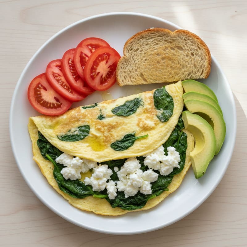 Egg White Spinach Omelette with Cottage Cheese and Fresh Tomatoes