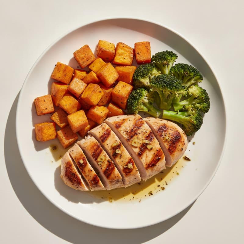 Grilled Chicken Breast with Roasted Sweet Potato and Steamed Broccoli