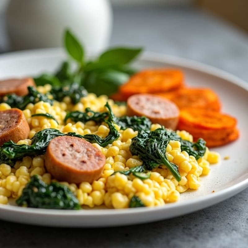 Egg White and Turkey Sausage Scramble with Spinach and Roasted Sweet Potato