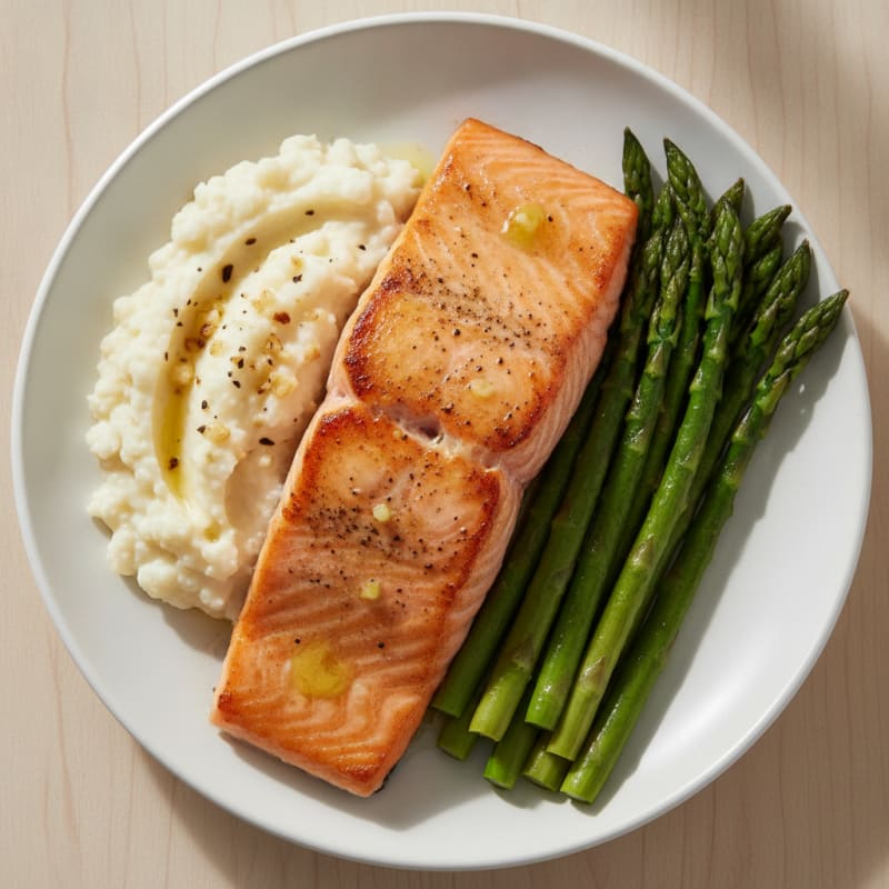 Seared Salmon Fillet with Roasted Asparagus and Cauliflower Mash