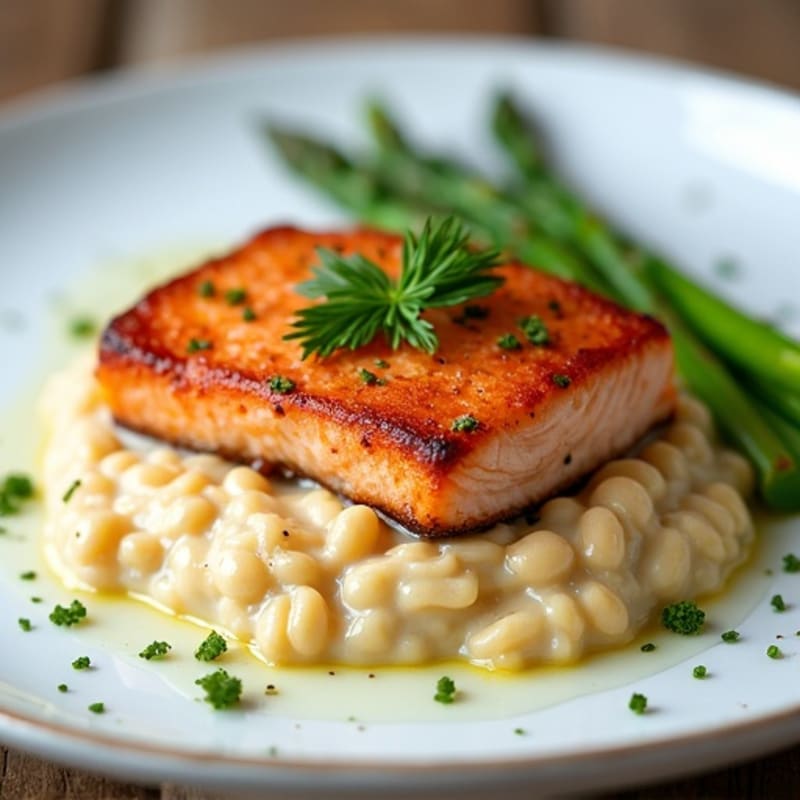 Seared Salmon with White Bean Mash and Steamed Asparagus