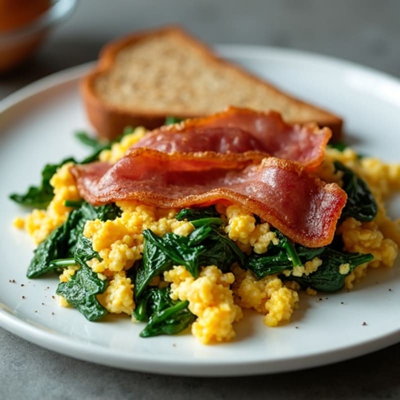 Crispy Beef Bacon and Egg Scramble with Sautéed Spinach and Whole Grain Sourdough