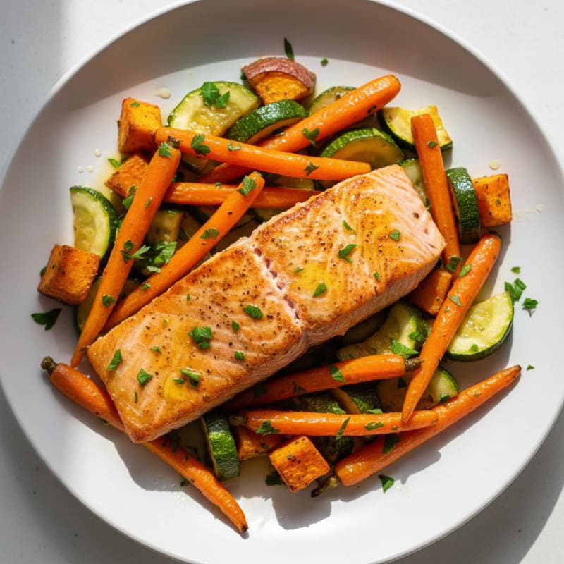 Seared Salmon with Roasted Sweet Potatoes, Zucchini, and Carrots