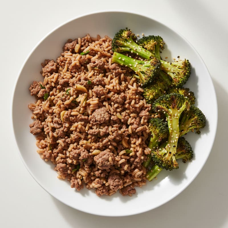 Lean Ground Beef and Brown Rice Bowl with Roasted Broccoli