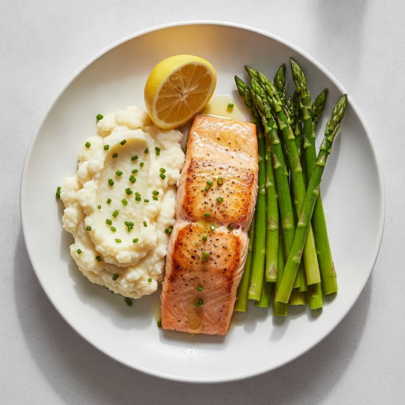 Seared Salmon with Steamed Asparagus and Garlic Mashed Cauliflower