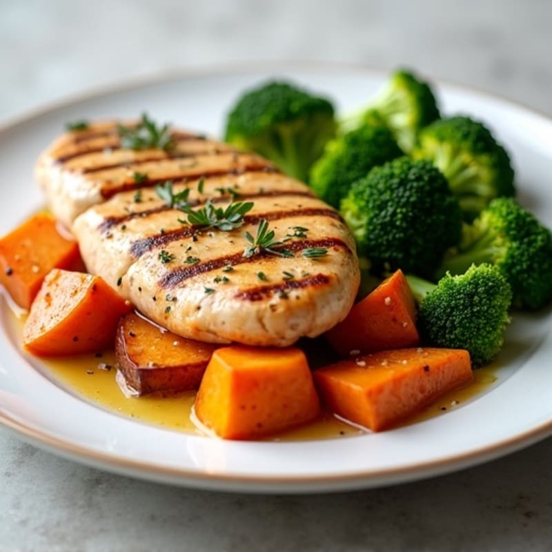 Grilled Chicken Breast with Roasted Sweet Potatoes and Steamed Broccoli