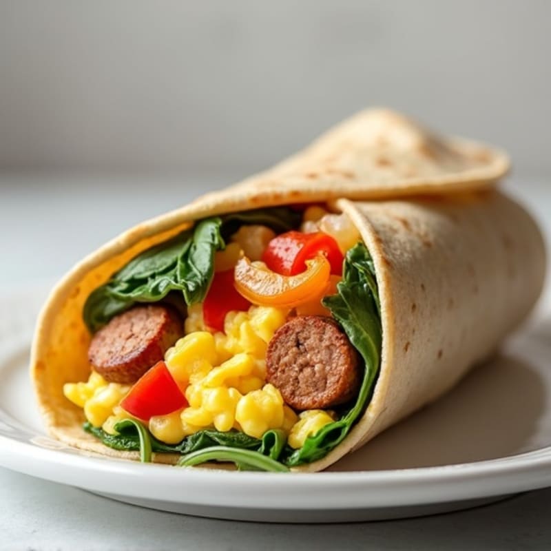 Lean Turkey Sausage and Fluffy Scrambled Egg Breakfast Burrito with Sautéed Vegetables