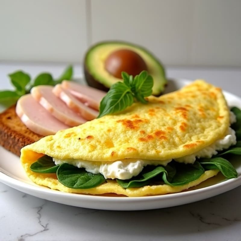 Egg White Spinach Omelette with Cottage Cheese and Sliced Turkey