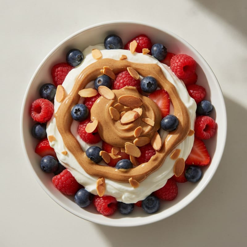 Vanilla Greek Yogurt Parfait with Mixed Berries and Almond Butter