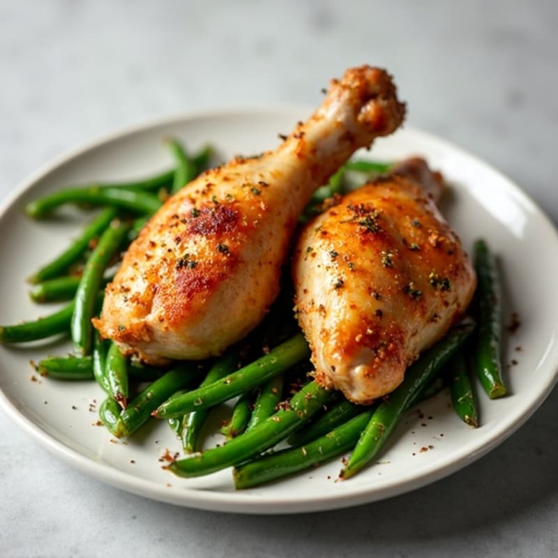 Crispy Baked Chicken Legs with Garlic Roasted Green Beans