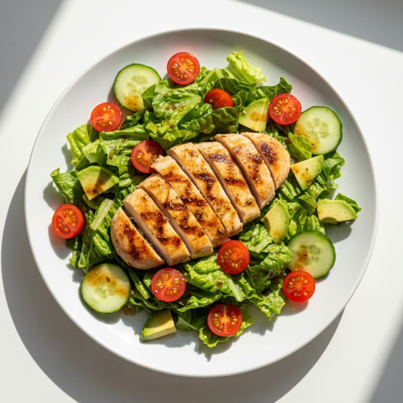 Grilled Chicken Breast with Crisp Romaine and Cherry Tomato Salad