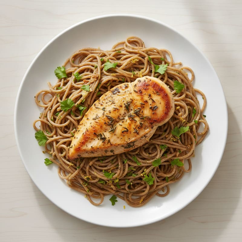 Herb-Seared Chicken Breast with Roasted Garlic Pasta