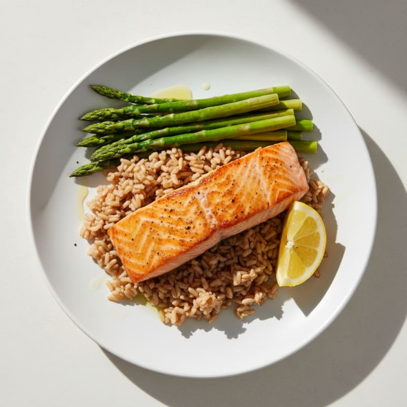 Seared Salmon with Steamed Asparagus and Brown Rice