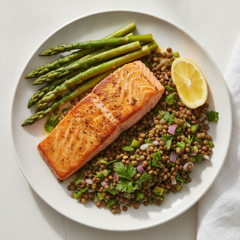 Seared Salmon Fillet with Lentil Salad and Steamed Asparagus
