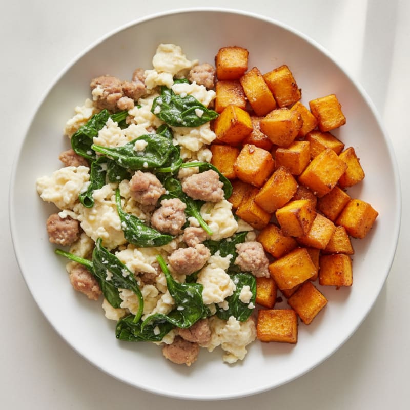 Egg White and Turkey Sausage Scramble with Spinach and Roasted Sweet Potato