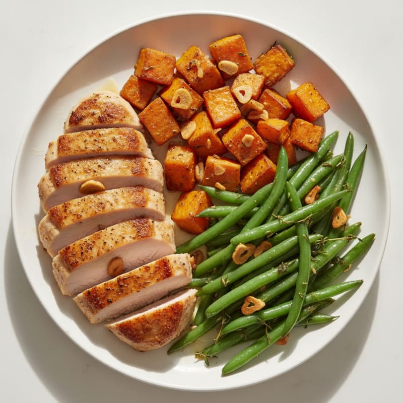 Seared Turkey Breast with Roasted Sweet Potato and Green Beans