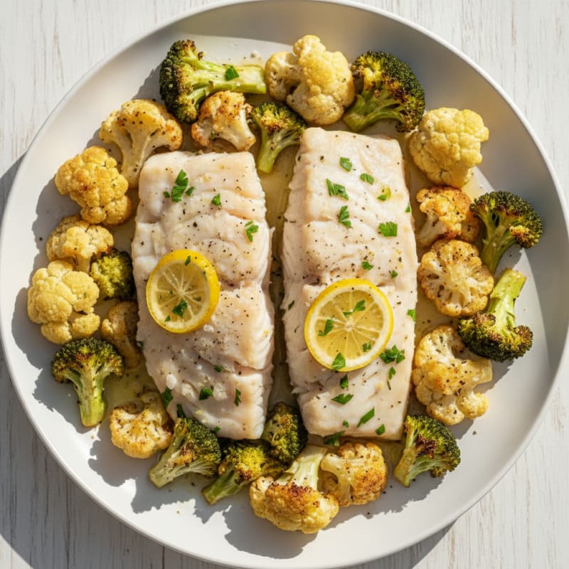 Lemon-Herb Steamed Cod with Golden Roasted Brassicas