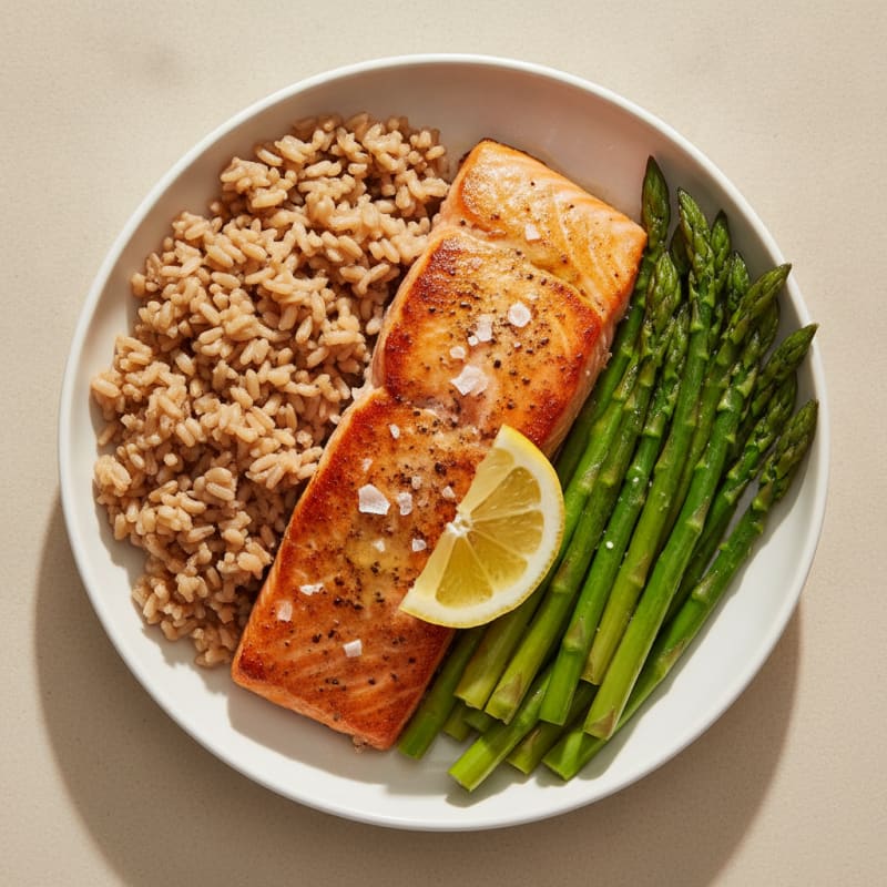 Seared Salmon with Steamed Asparagus and Brown Rice