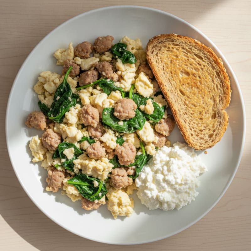 Egg White and Turkey Sausage Scramble with Sautéed Spinach and Cottage Cheese