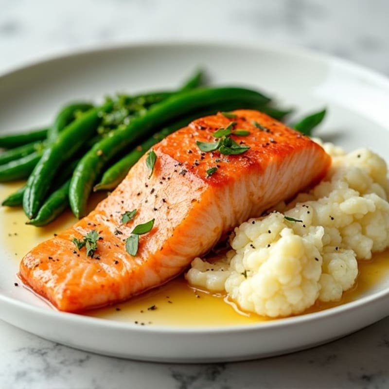 Seared Salmon with Steamed Green Beans and Mashed Cauliflower