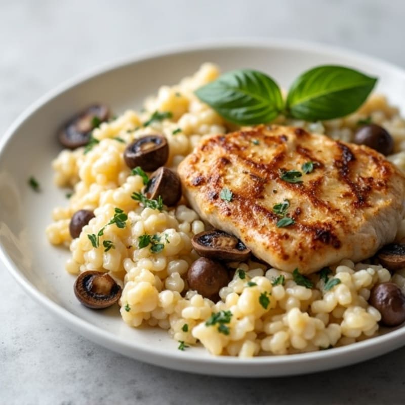 Creamy Wild Mushroom Cauliflower Risotto with Grilled Chicken
