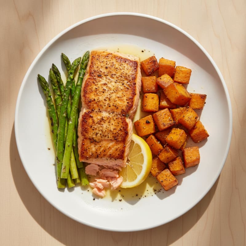 Seared Salmon with Roasted Sweet Potato and Asparagus