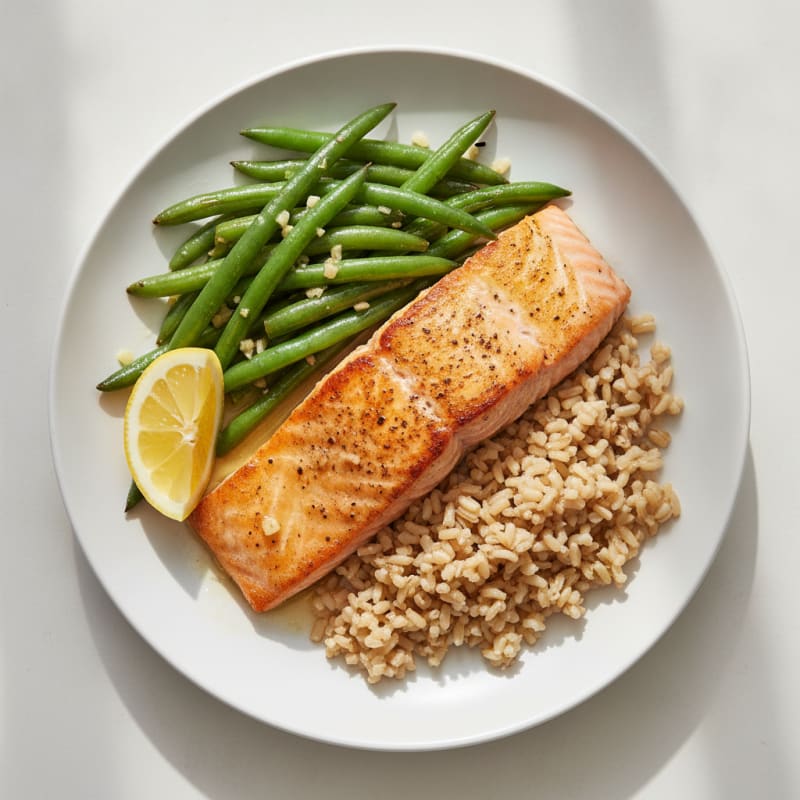 Seared Salmon Fillet with Garlic Green Beans and Brown Rice