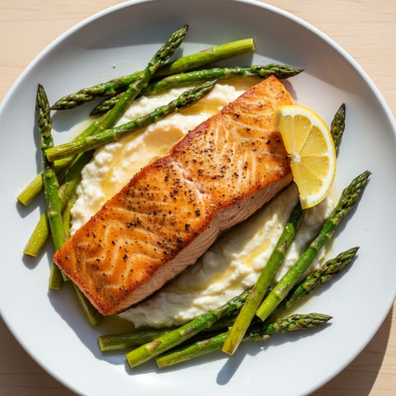 Seared Salmon with Roasted Asparagus and Cauliflower Mash
