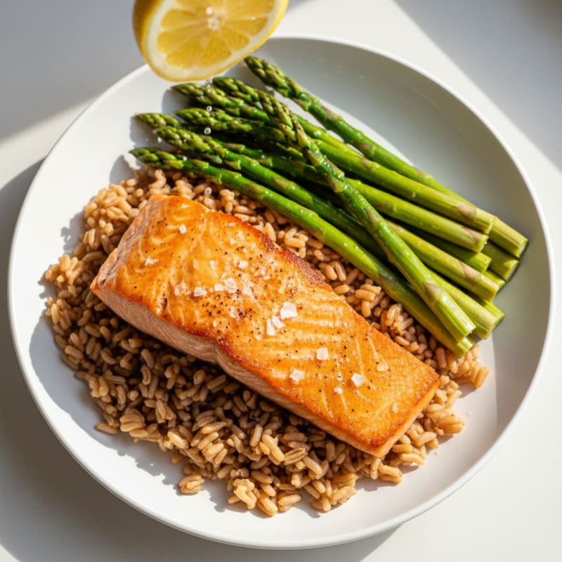 Seared Salmon with Steamed Asparagus and Brown Rice