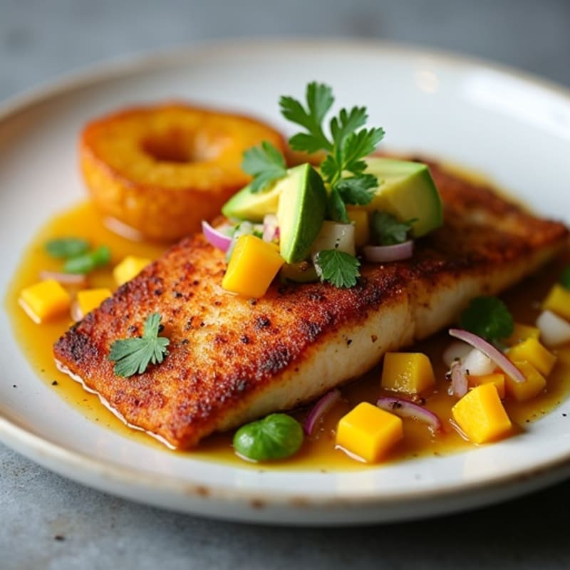 Blackened Cod with Mango Avocado Salsa and Crispy Plantains